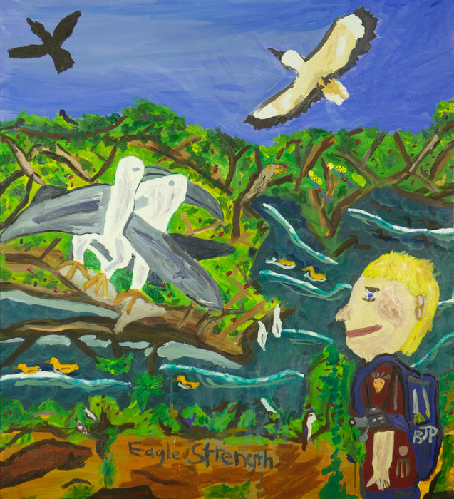 Painting of a person with an eagle and nature elements