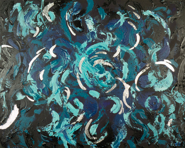 Abstract artwork with swirling blue and black patterns