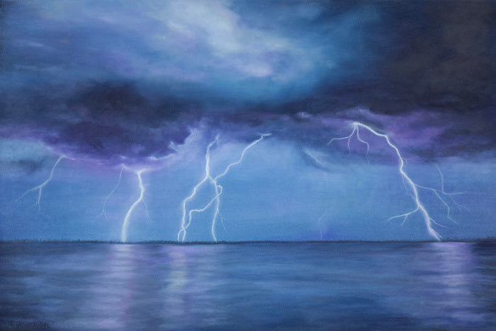 Lightning strikes over a body of water under a dark, stormy sky.