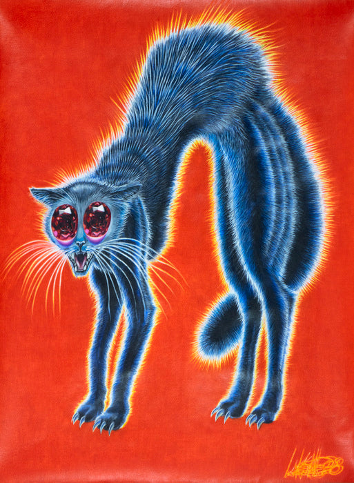 Blue cat with glowing red eyes on a red background