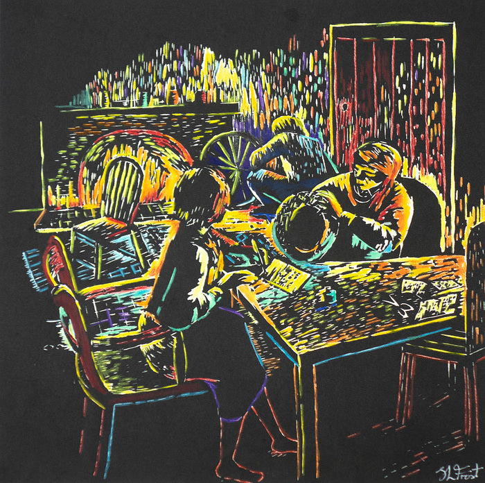 Colorful illustration of a scene with people around a table in their home.