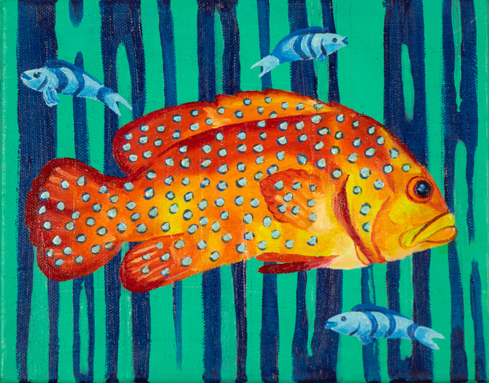 Painting of a large orange fish with black spots on a green and blue striped background