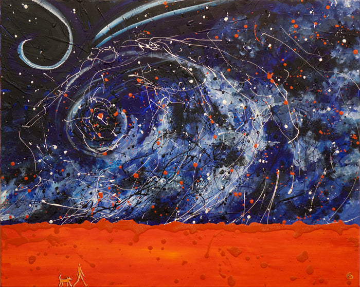Abstract artwork with swirling blue and white patterns on a red base