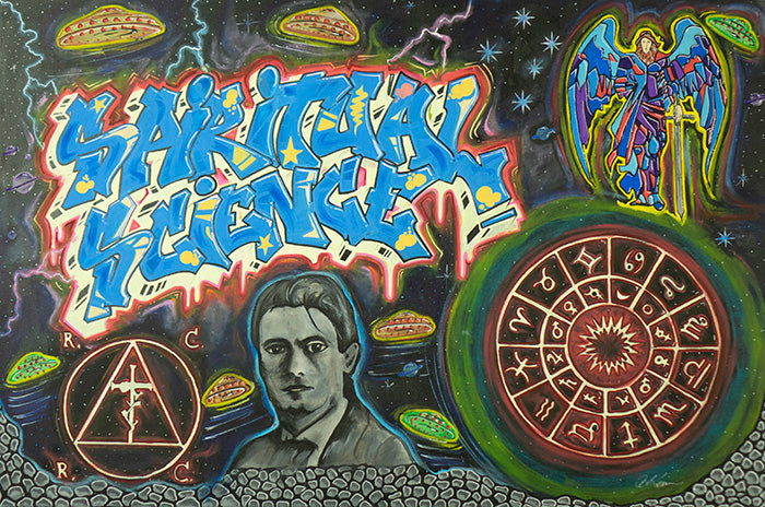 Artistic depiction with 'Spiritual Science' text, symbols of an angel, U.F.Os etc, and a portrait of a man.