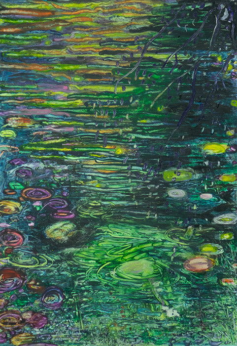 Abstract artwork of reflections on a pond surface with swirling green and blue patterns