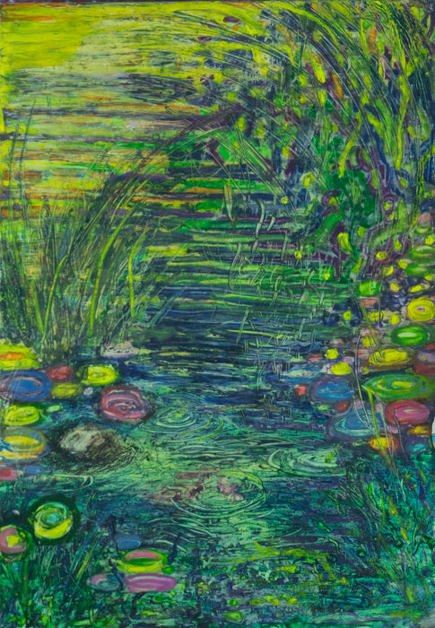 Artistic depiction of a pond with lily pads and water reflections