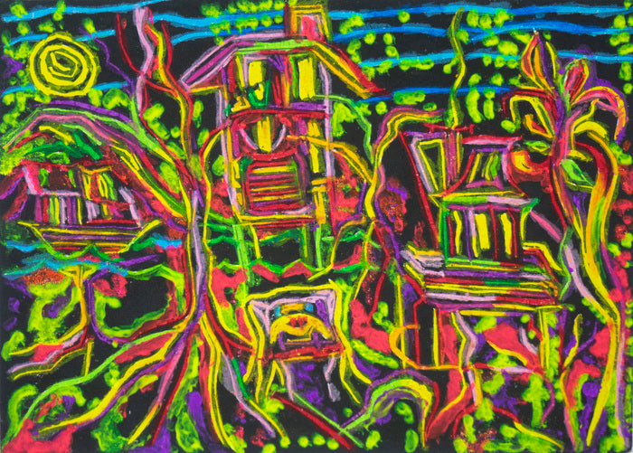 Colorful abstract artwork with houses and trees on a black background