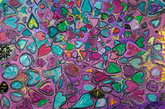 Colorful abstract pattern with hearts on a purple background