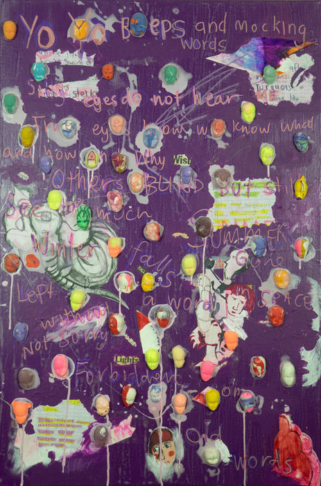 Colorful collage on a purple background with various shapes and text