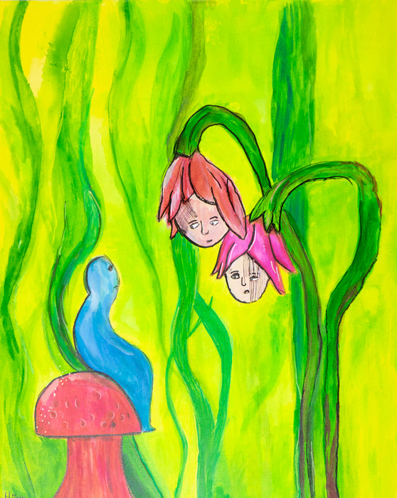 Colorful painting of a blue creature and pink flower-like figures on a green background