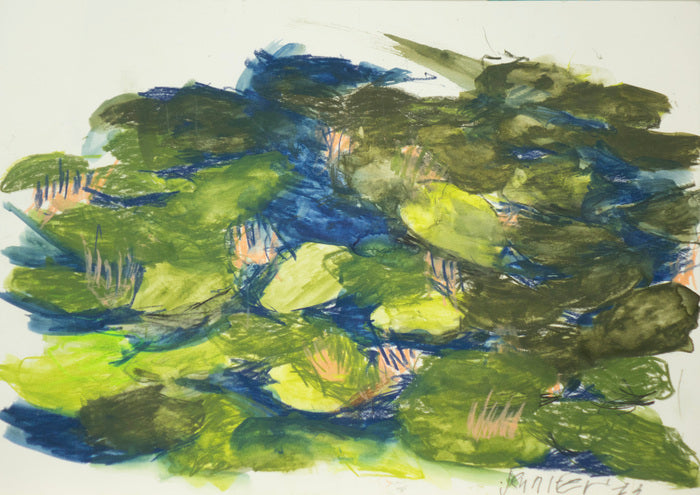 Artistic depiction of green and blue abstract shapes on a white background