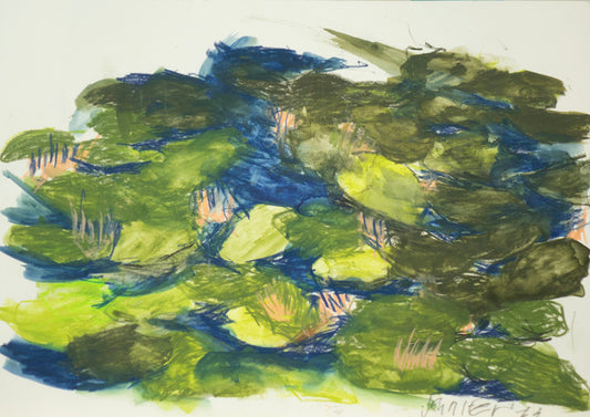 Artistic depiction of green and blue abstract shapes on a white background