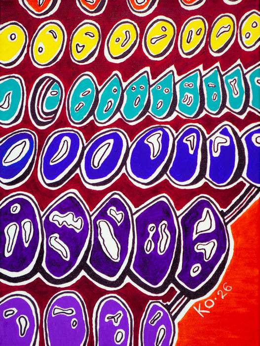Colorful abstract pattern with blue, purple, yellow, and red shapes on a red background.