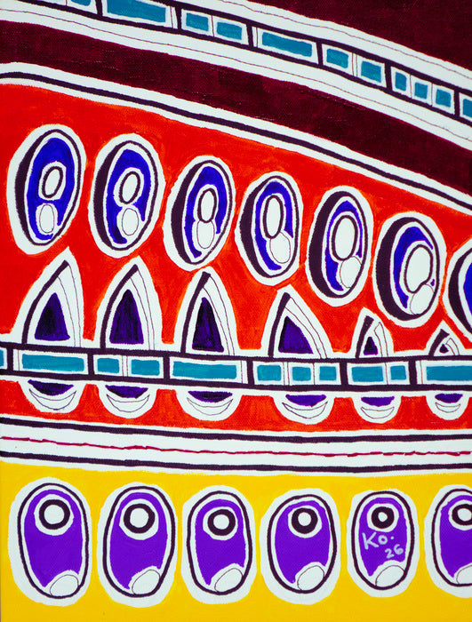 Colorful abstract design with purple and white shapes on a red and yellow background