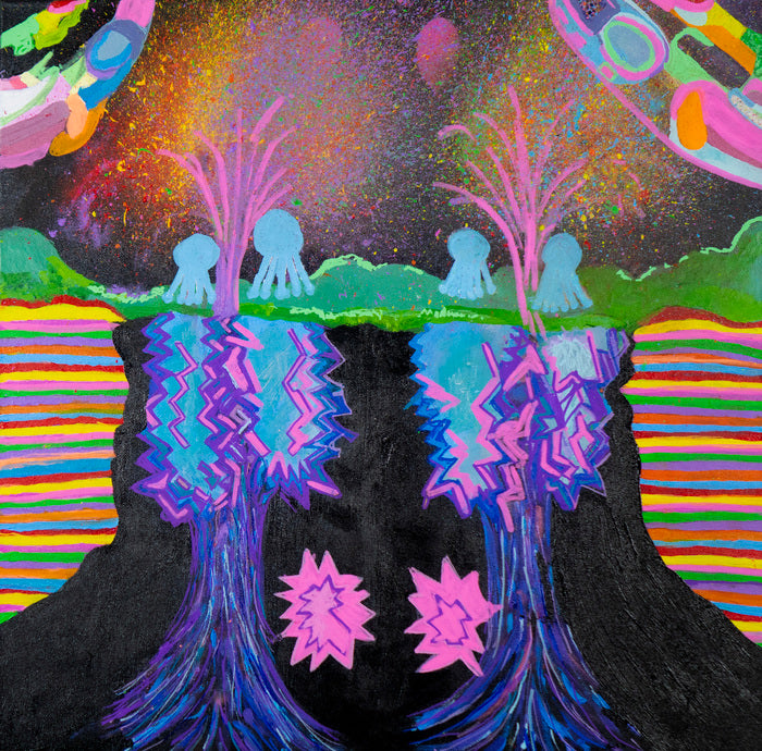 Colorful abstract artwork with trees, flowers, and a starry sky.