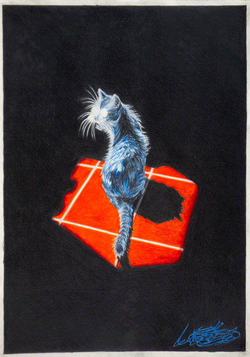 Artistic depiction of a cat on a red chair against a black background
