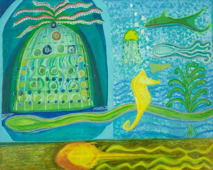 Colorful underwater scene with a seahorse, fish, and coral.