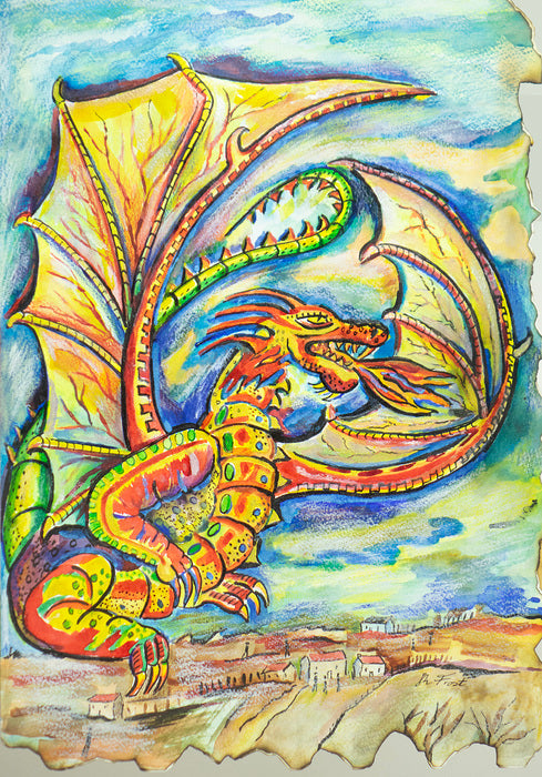 Colorful dragon illustration with a landscape background