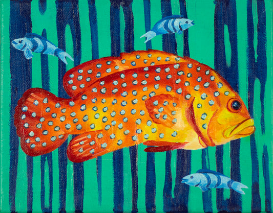 Painting of a large orange fish with black spots on a green and blue striped background