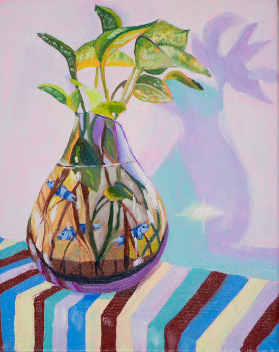 Artistic depiction of a vase with plants and fish inside, placed on a striped surface