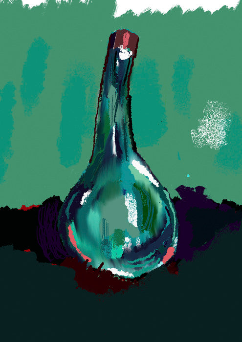 Glass bottle on a textured green and black background